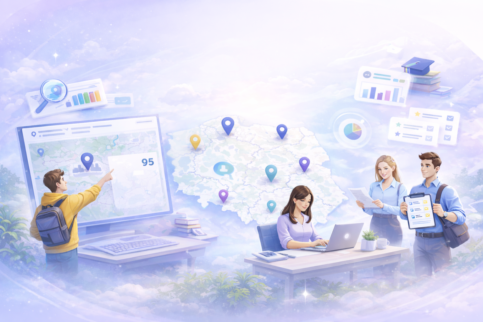 Hero image of students and parents exploring school data on a large interactive map, surrounded by educational icons and charts